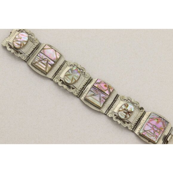 Sterling Silver Abalone Carved Face Bracelet 6 3/4